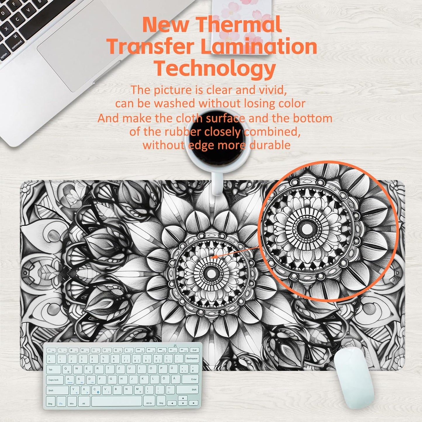 Large Gaming Mouse Pad for Desk, Black and White Mandala Desk Mat, Mandala Flower Desk Pad, 31.5"x15.7" Extended Big Computer Keyboard Mouse Pad with Non-Slip Base and Stitched Edge