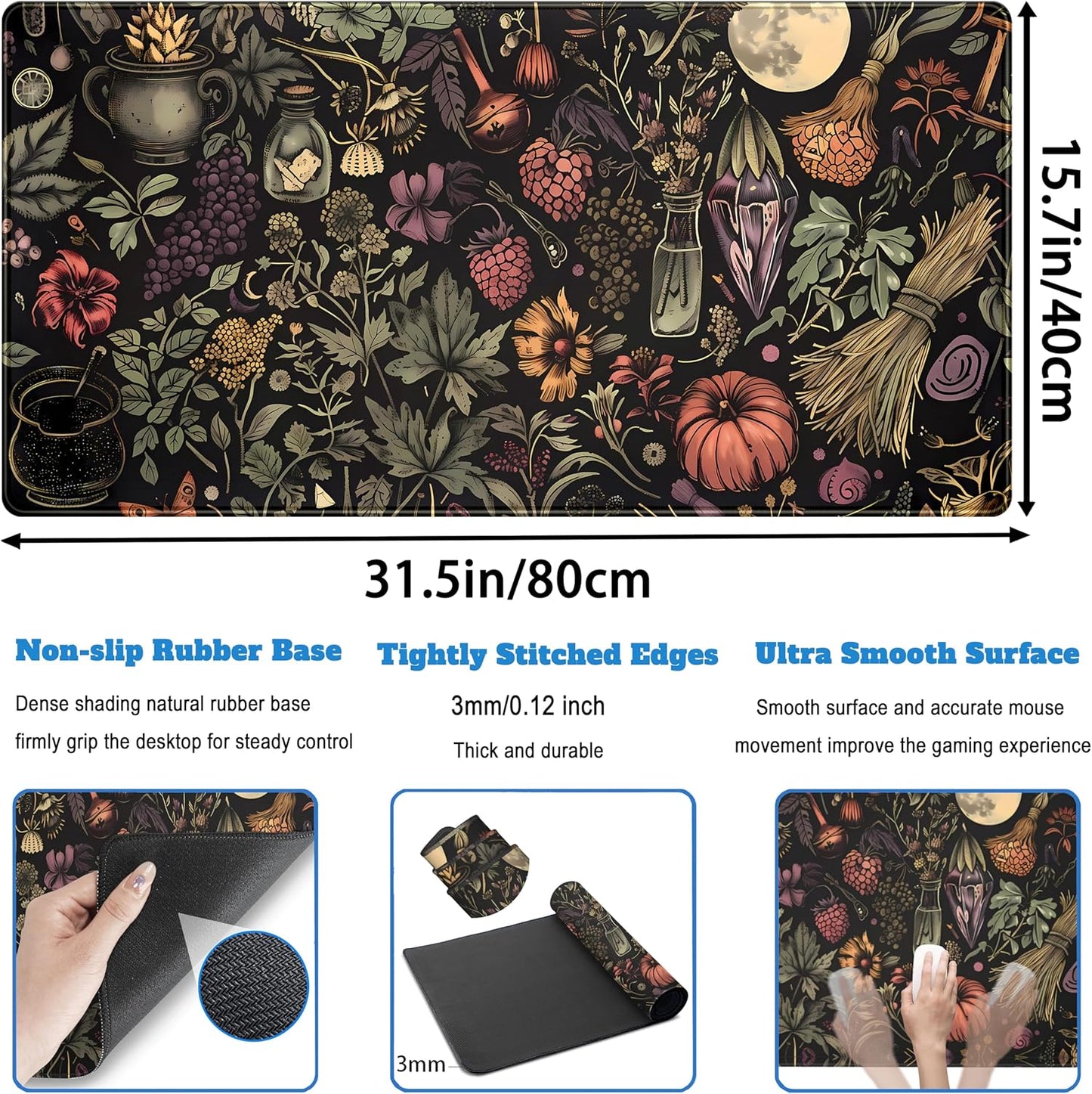 Desk Mat Botanical Witchery Mouse Pad Gaming Mat Dark Keyboard Mat, Long Mouse Mat XXL Extended Desktop Pad Computer Mats with Stitched Edges, Office Desk Accessory Home Decor 31.5" x 15.7"
