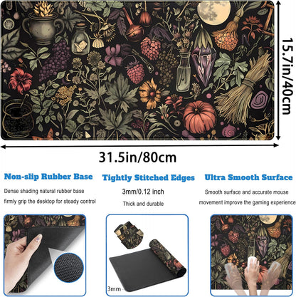 Desk Mat Botanical Witchery Mouse Pad Gaming Mat Dark Keyboard Mat, Long Mouse Mat XXL Extended Desktop Pad Computer Mats with Stitched Edges, Office Desk Accessory Home Decor 31.5" x 15.7"