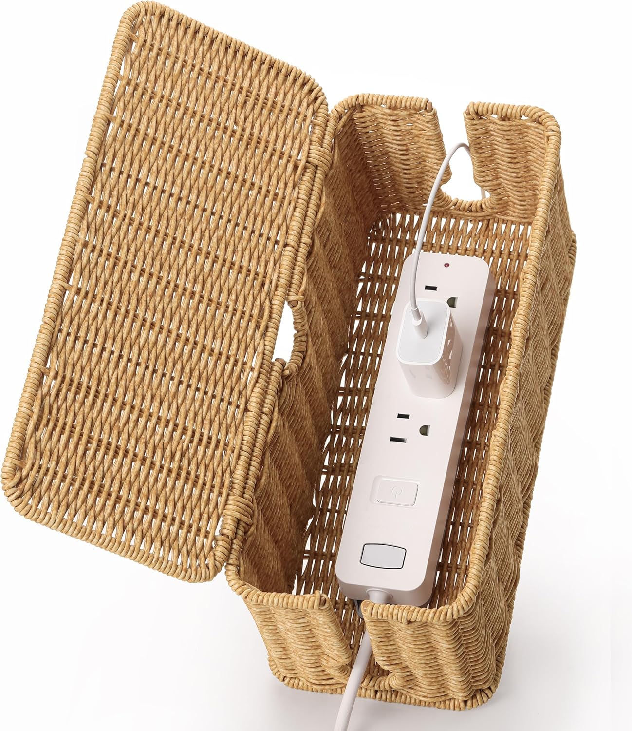 Handmade Cable Management Box Brown, Imitation Rattan Cord Organizer Cord Hider Box, Cable Organizer Box for Desk, Cord Management Box to Hide Cords and Power Strip L12.5'' W5'' H5.2''