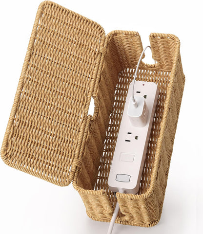 Handmade Cable Management Box Brown, Imitation Rattan Cord Organizer Cord Hider Box, Cable Organizer Box for Desk, Cord Management Box to Hide Cords and Power Strip L12.5'' W5'' H5.2''