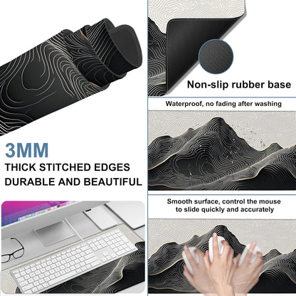 Gaming Desk Pad Large Extra Length Abstract Lines Mouse Pad Keyboard Laptop Non-Slip Waterproof with Rubber Base Thick Stitched Edge Mouse Mat for Office Home 35.4 x 15.7 Inches