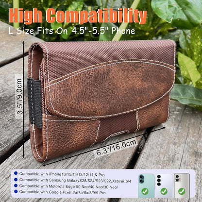 Leather Phone Holster for Men with Belt Clip, Cell Phone Holder for iPhone 17/16/15/14/13/12 Pro, Galaxy S24/S23/S21, Belt Pouch Case Magnetic Closure (Brown-L)