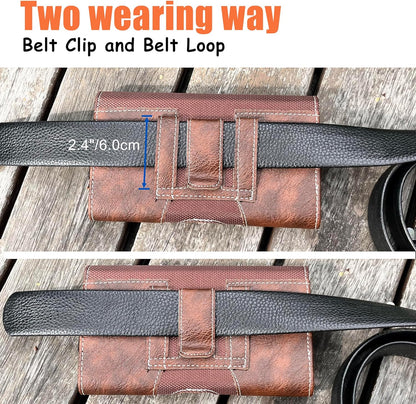 Leather Phone Holster for Men with Belt Clip, Cell Phone Holder for iPhone 17/16/15/14/13/12 Pro, Galaxy S24/S23/S21, Belt Pouch Case Magnetic Closure (Brown-L)