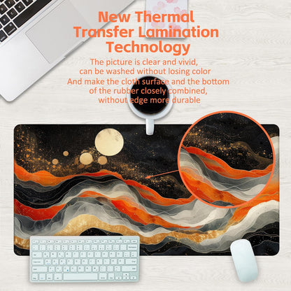 Large Gaming Mouse Pad, Orange Golden Waves Desk Mat, Abstract Art Painting Desk Pad, 31.5"x15.7" Extended Big Computer Keyboard Mouse Pad with Non-Slip Base and Stitched Edge
