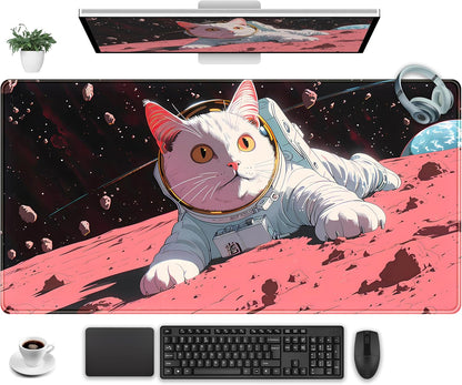 Cat Desk Mat Full Desk Mouse Pad Gaming Mat XXL, Fun Desktop Mats Computer Keyboard Pad Extra Large Mouse Mat, Laptop Mat with Stitched Edges, Office & Home Decor for Women 31.5" x 15.7"