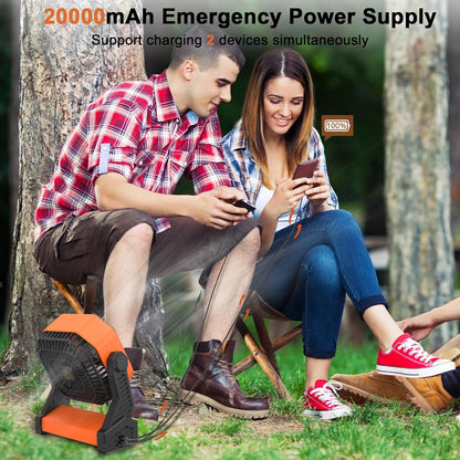 KITWLEMEN 20000mAh Battery Powered Camping Fan - 58H Max Cooling, Rechargeable Battery Operated Desk Fan with 4 Speeds, Bright Light & Hanging Hook, Portable for Tent Outdoor Hurricane Power Outage