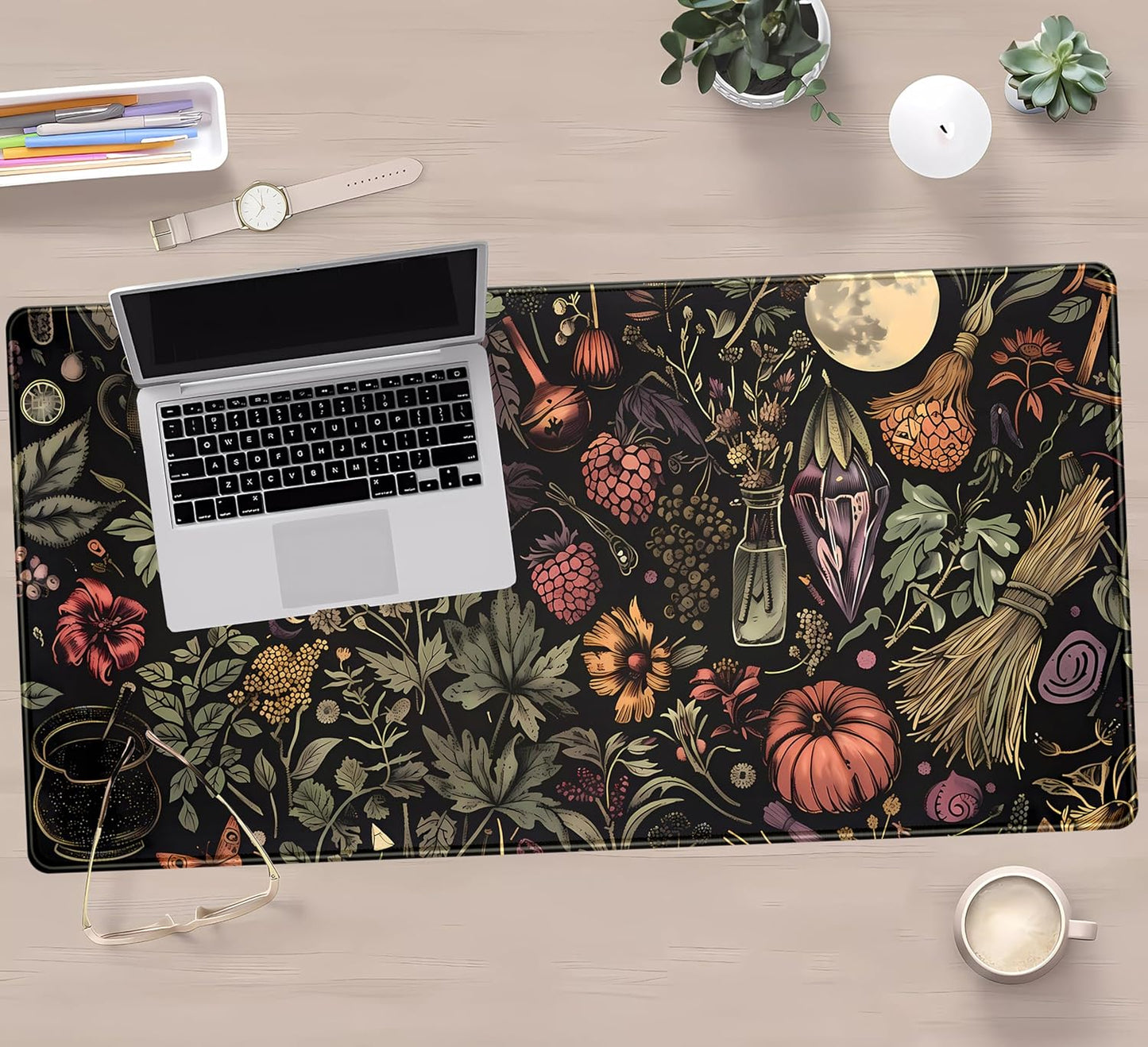 Desk Mat Botanical Witchery Mouse Pad Gaming Mat Dark Keyboard Mat, Long Mouse Mat XXL Extended Desktop Pad Computer Mats with Stitched Edges, Office Desk Accessory Home Decor 31.5" x 15.7"
