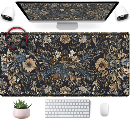Vintage Floral Desk Mat Blue Wildflowers Mouse Pad Cottagecore Mousepad, XXL Large Extended Gaming Desk Matt for Desktop, Laptop Keyboard Mouse Mat for Women Office Decor Accessories, 31.5x15.75 in