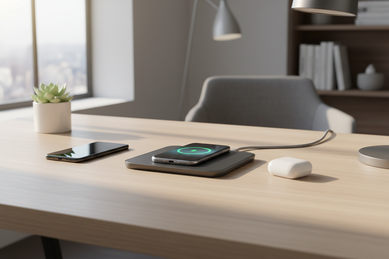 “My wireless charger arrived earlier than expected and works perfectly with all my devices. It charges quicker than my old one and doesn’t overheat. Great experience from start to finish!” (make it real photo)